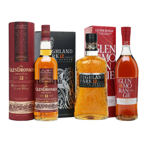 Glendronach 12 Years Highland Scotch Single Malt Whisky, Highland Park 12 Years Orkney Island Scotch Single Malt Whisky, Glenmorangie 12 Years Highland Scotch Single Malt Whisky