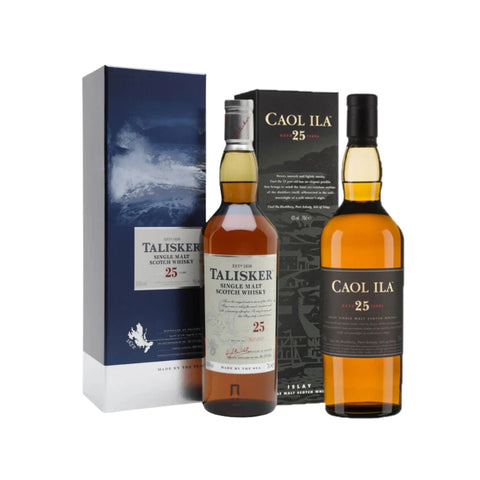 Caol ila 25 Years Islay Scotch single malt whisky, Talisker 25 Years Isle of Skey Scotch Single Malt Whisky, Peat